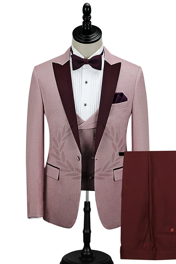 Burgundy Peak Lapel Men Marriage Suits Pricey Pink One Button Wedding Tuxedos