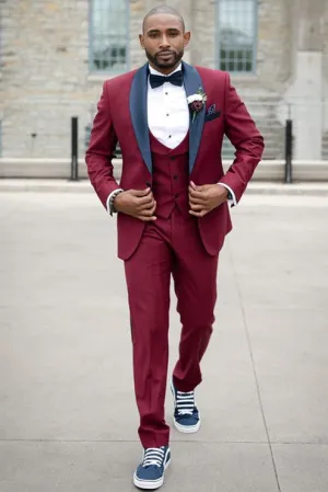 Burgundy Slim Fit Men Suit with Black Shawl Lapel