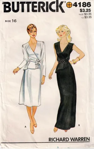 Butterick 4186 RICHARD WARREN Womens Peplum Wrap Dress or Maxi 1980s Vintage Sewing Pattern Size 16 Bust 38 Inches UNCUT Factory Folded