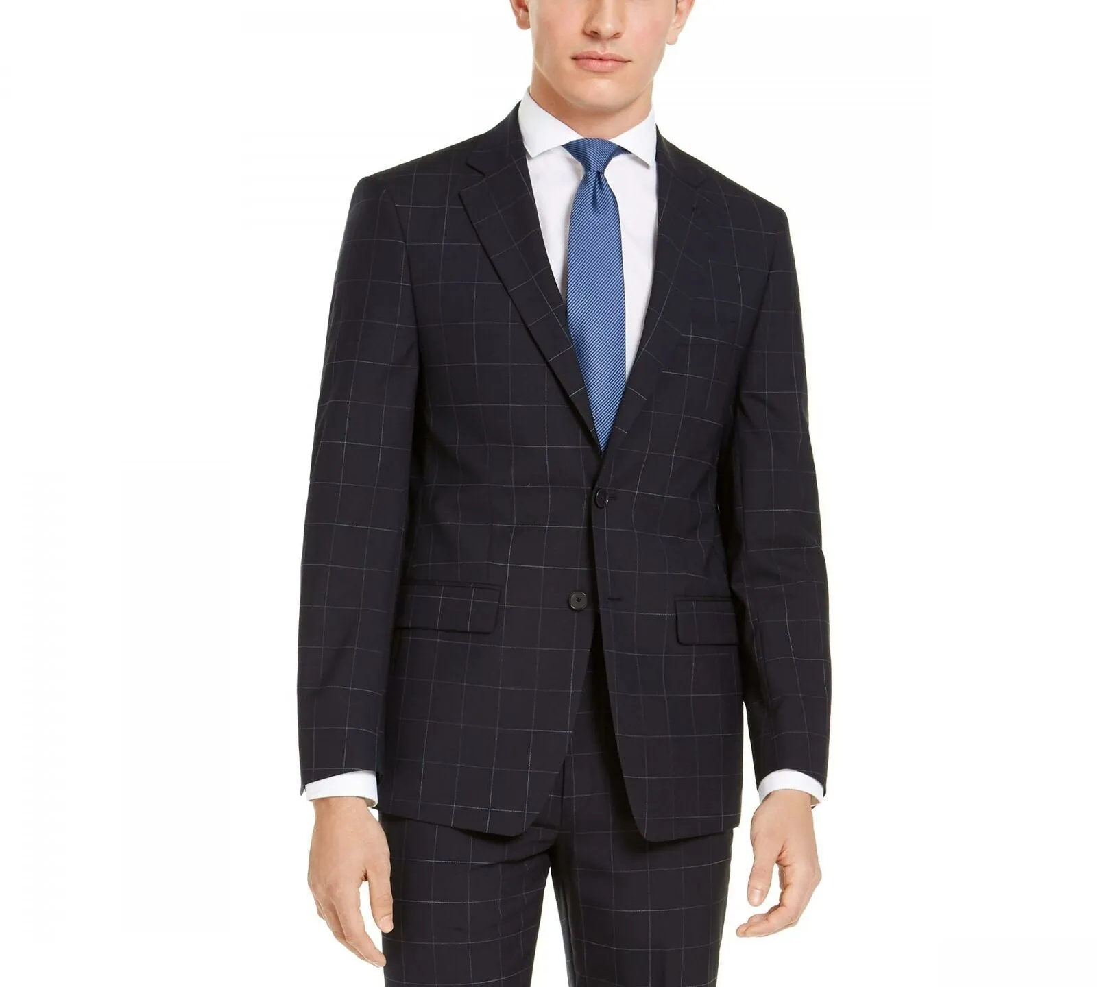 Calvin Klein Men's X-Fit Extra-Slim Stretch Wool Suit Jacket Navy Windowpane 38S
