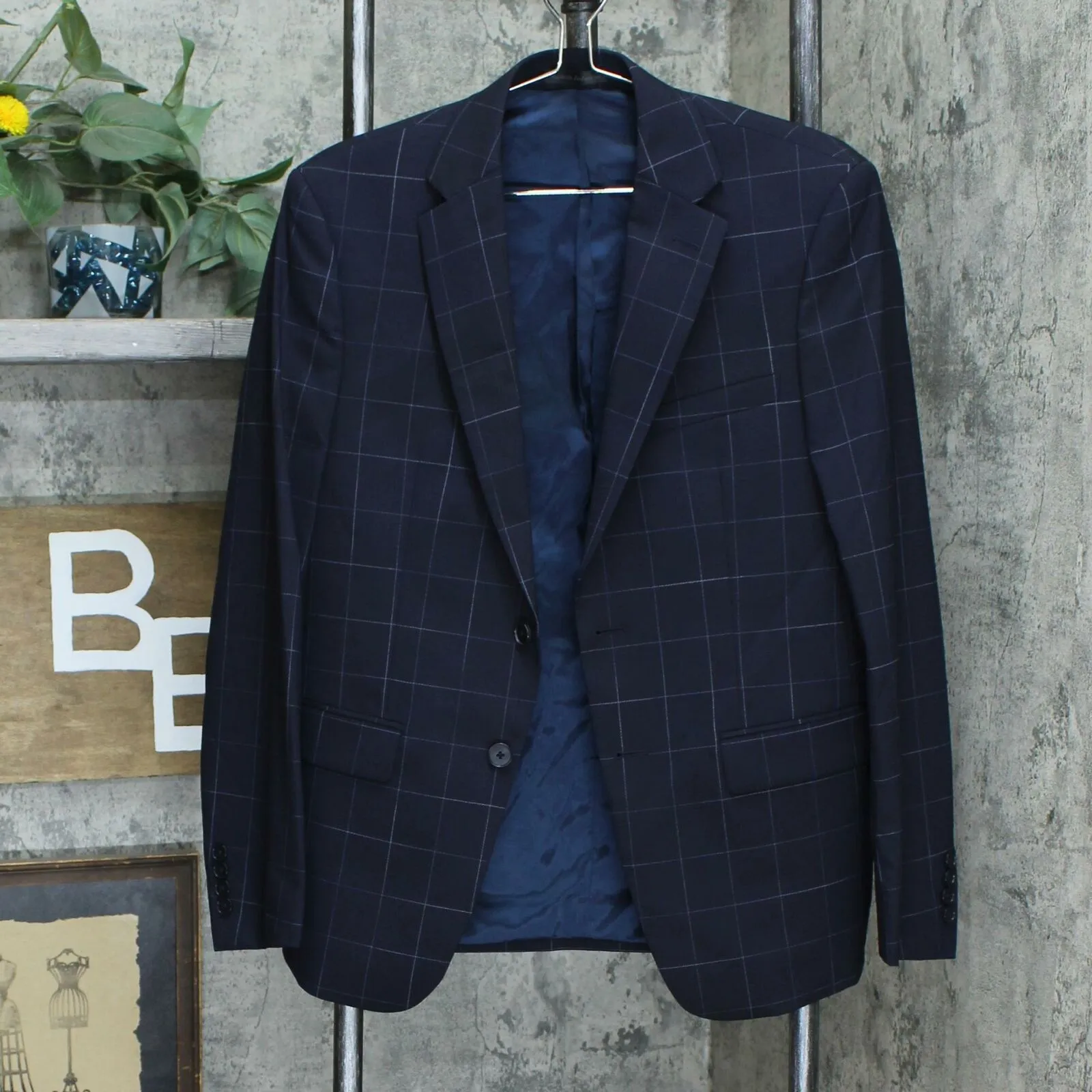 Calvin Klein Men's X-Fit Extra-Slim Stretch Wool Suit Jacket Navy Windowpane 38S
