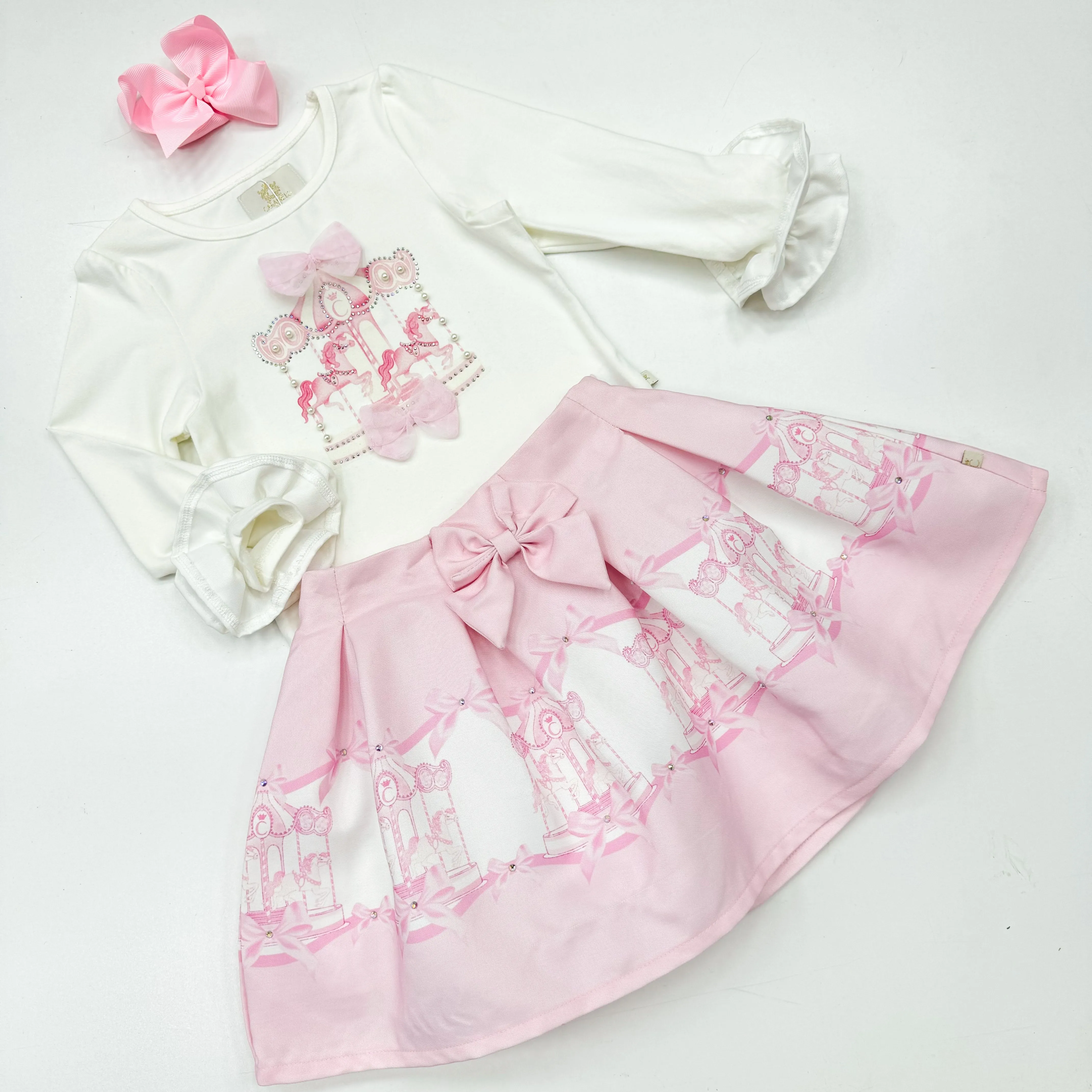 Caramelo Pink Carousel Dreams Pleated Skirt Set 342245