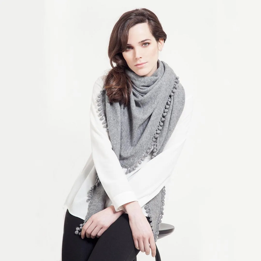 Cashmere Pom Pom Triangle Wrap in Denim