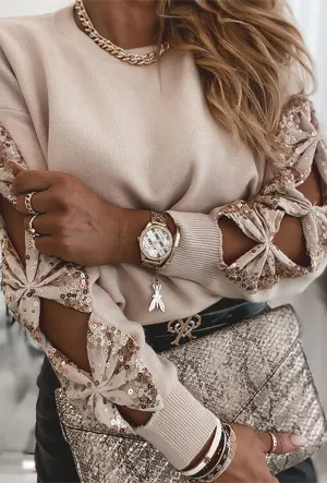 Casual Patchwork Fold  Sequins O Neck Sweater(6 Colors)