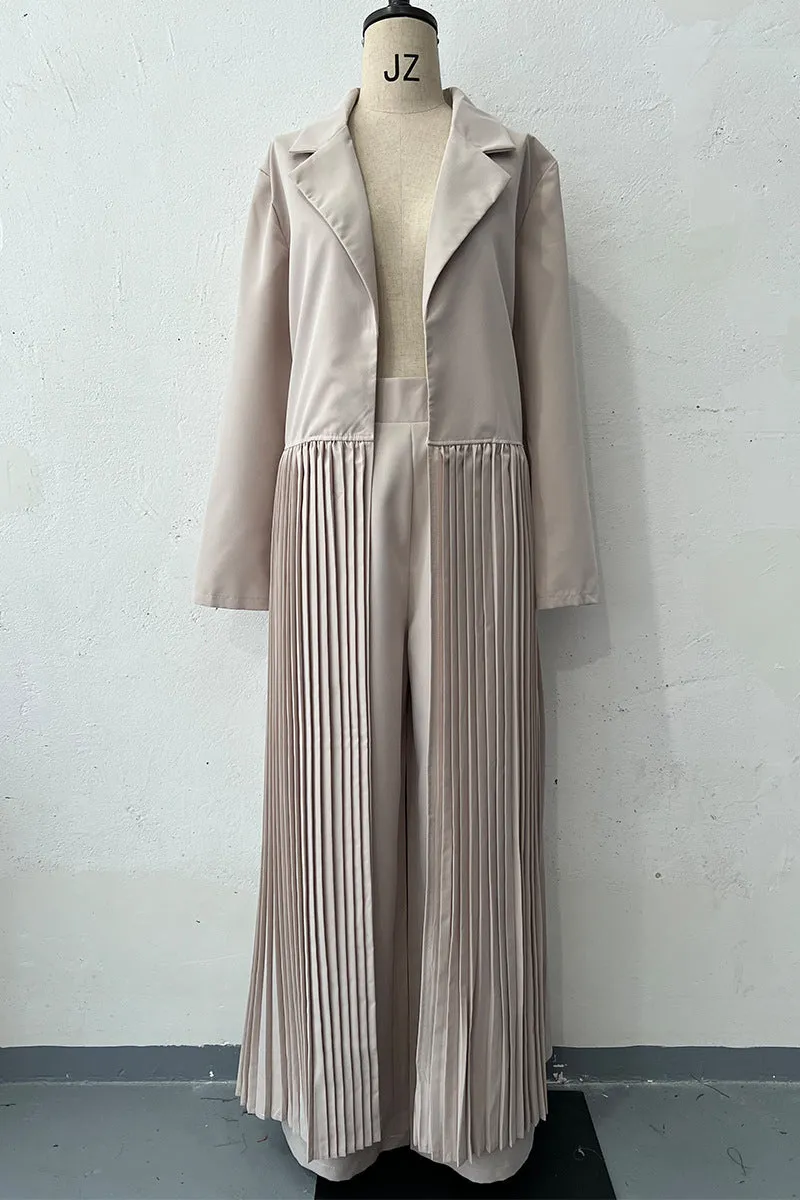Casual Pleated Turn-back Collar Long Sleeve Two Pieces(4 Colors)