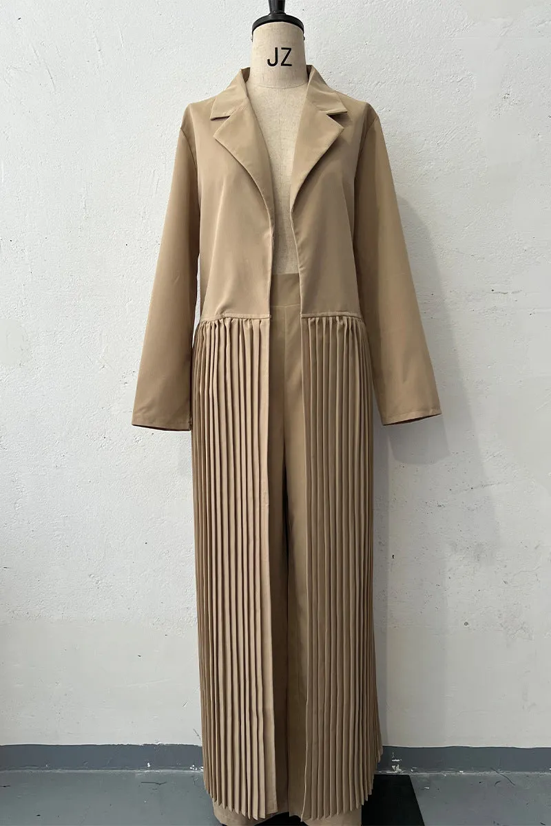 Casual Pleated Turn-back Collar Long Sleeve Two Pieces(4 Colors)
