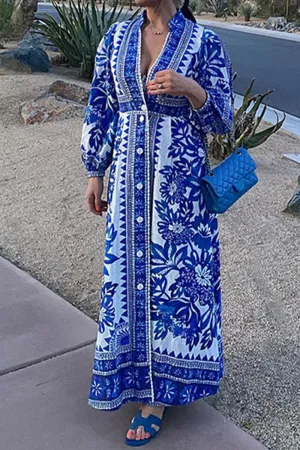 Casual Vacation Floral Print Buckle V Neck Long Sleeve Dresses