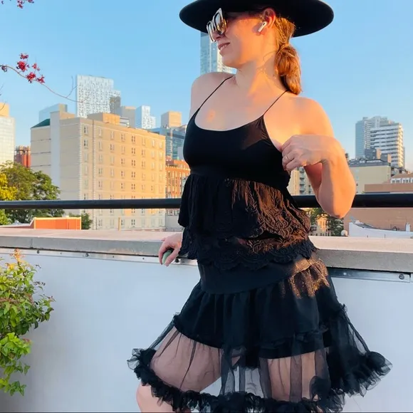 CC Tiered Black Tutu Skirt Satin Waist Full PettiSkirt Transparent