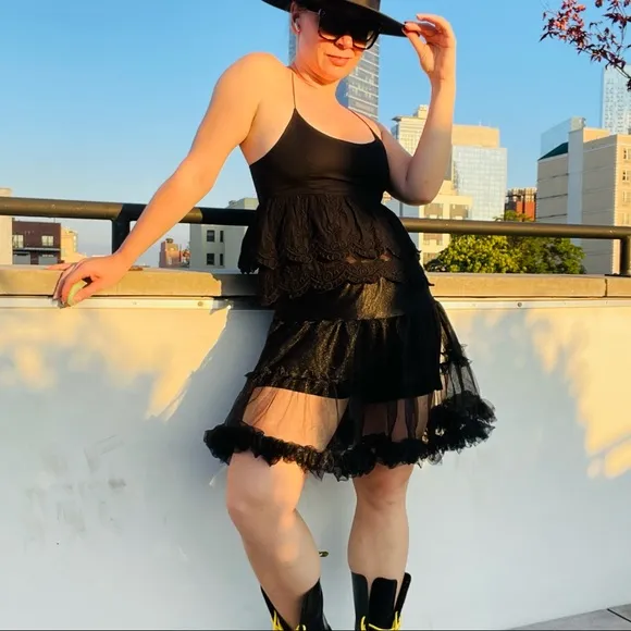 CC Tiered Black Tutu Skirt Satin Waist Full PettiSkirt Transparent