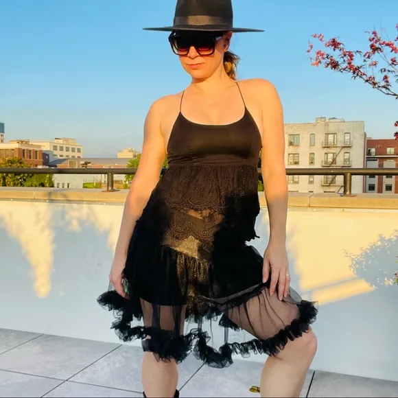 CC Tiered Black Tutu Skirt Satin Waist Full PettiSkirt Transparent