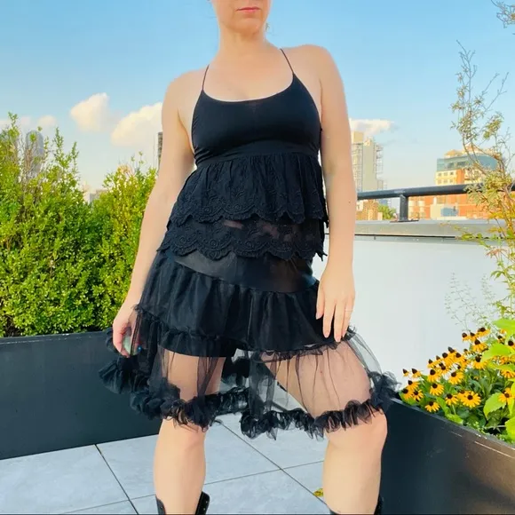 CC Tiered Black Tutu Skirt Satin Waist Full PettiSkirt Transparent