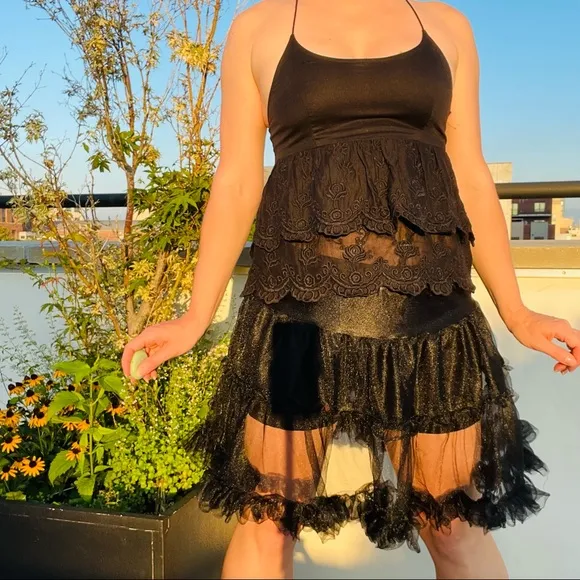 CC Tiered Black Tutu Skirt Satin Waist Full PettiSkirt Transparent
