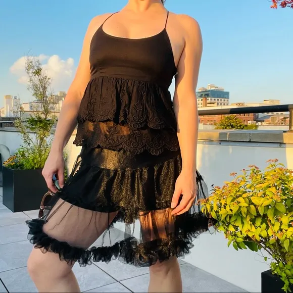 CC Tiered Black Tutu Skirt Satin Waist Full PettiSkirt Transparent