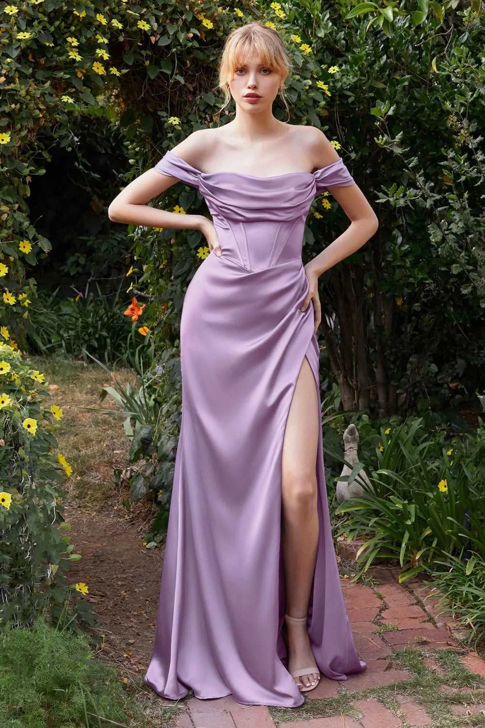 CD 7492C - Off the Shoulder Stretch Satin Fit & Flare Prom Gown with Boned Bodice & Leg Slit