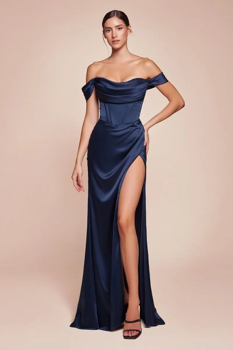 CD 7492C - Off the Shoulder Stretch Satin Fit & Flare Prom Gown with Boned Bodice & Leg Slit