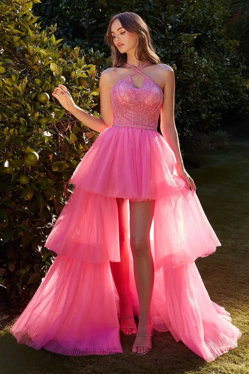 CD A1239 - High Low A-Line Prom Gown with Sheer Beaded Lace Halter Bodice & Layered Pleated Tulle Skirt