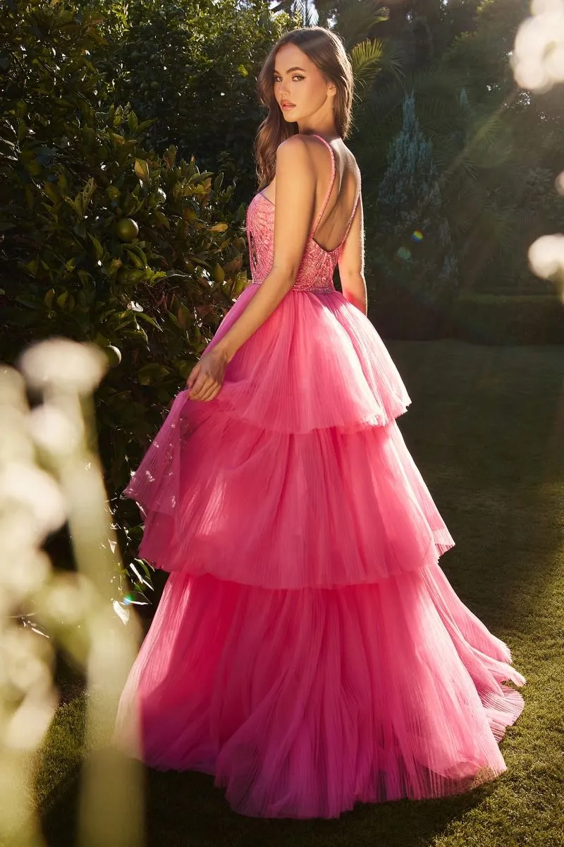 CD A1239 - High Low A-Line Prom Gown with Sheer Beaded Lace Halter Bodice & Layered Pleated Tulle Skirt