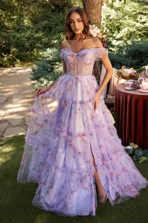 CD A1286 - Off the Shoulder Floral Print A-Line Prom Gown with Sheer Corset Bodice & Layered Tiered Skirt