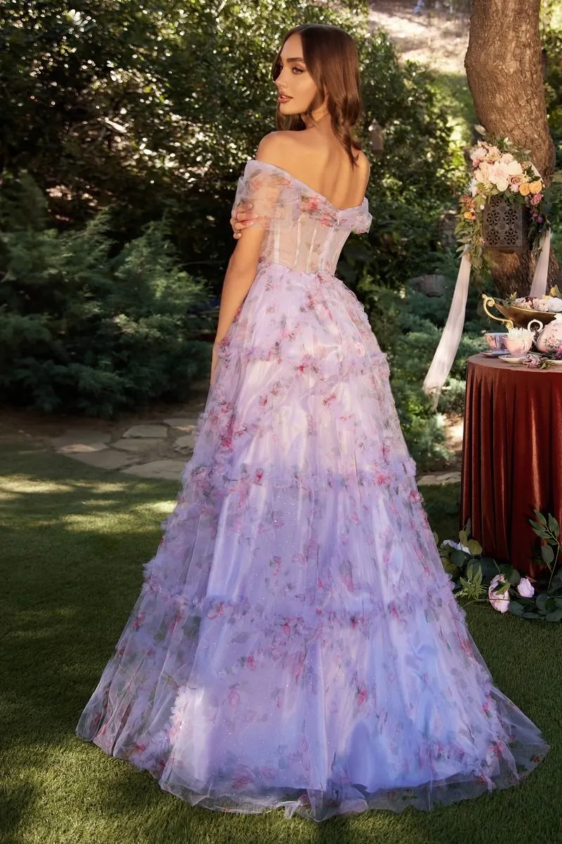 CD A1286 - Off the Shoulder Floral Print A-Line Prom Gown with Sheer Corset Bodice & Layered Tiered Skirt