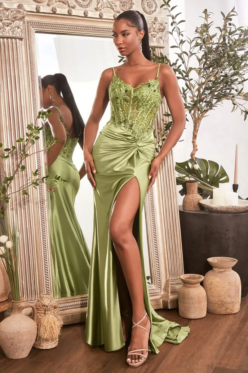 CD CD0176 - Stretch Satin Fit & Flare Prom Gown with Ruched Waist Sheer Sequin Boned Corset Bodice & Leg Slit