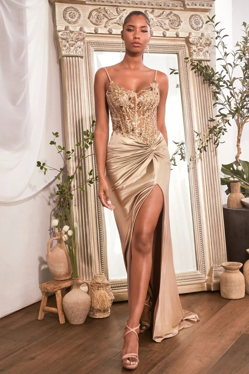 CD CD0176 - Stretch Satin Fit & Flare Prom Gown with Ruched Waist Sheer Sequin Boned Corset Bodice & Leg Slit