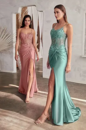 CD CD0176 - Stretch Satin Fit & Flare Prom Gown with Ruched Waist Sheer Sequin Boned Corset Bodice & Leg Slit