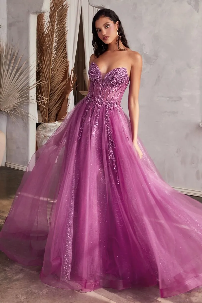 CD CD0230 - Strapless Layered Tulle A-Line Prom Gown with Sheer Corset Bodice & High Leg Slit