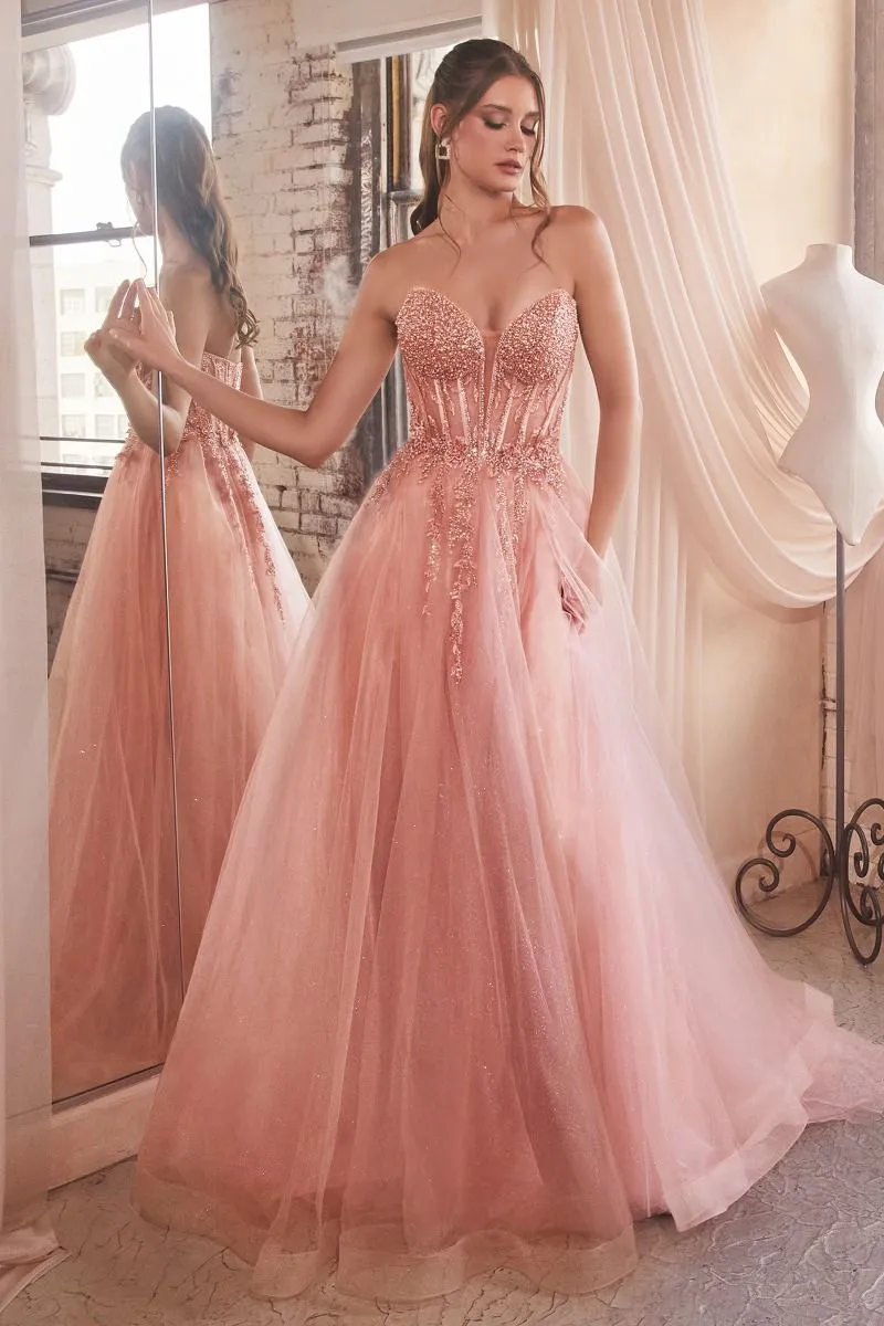 CD CD0230 - Strapless Layered Tulle A-Line Prom Gown with Sheer Corset Bodice & High Leg Slit