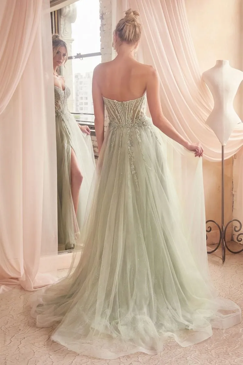 CD CD0230 - Strapless Layered Tulle A-Line Prom Gown with Sheer Corset Bodice & High Leg Slit
