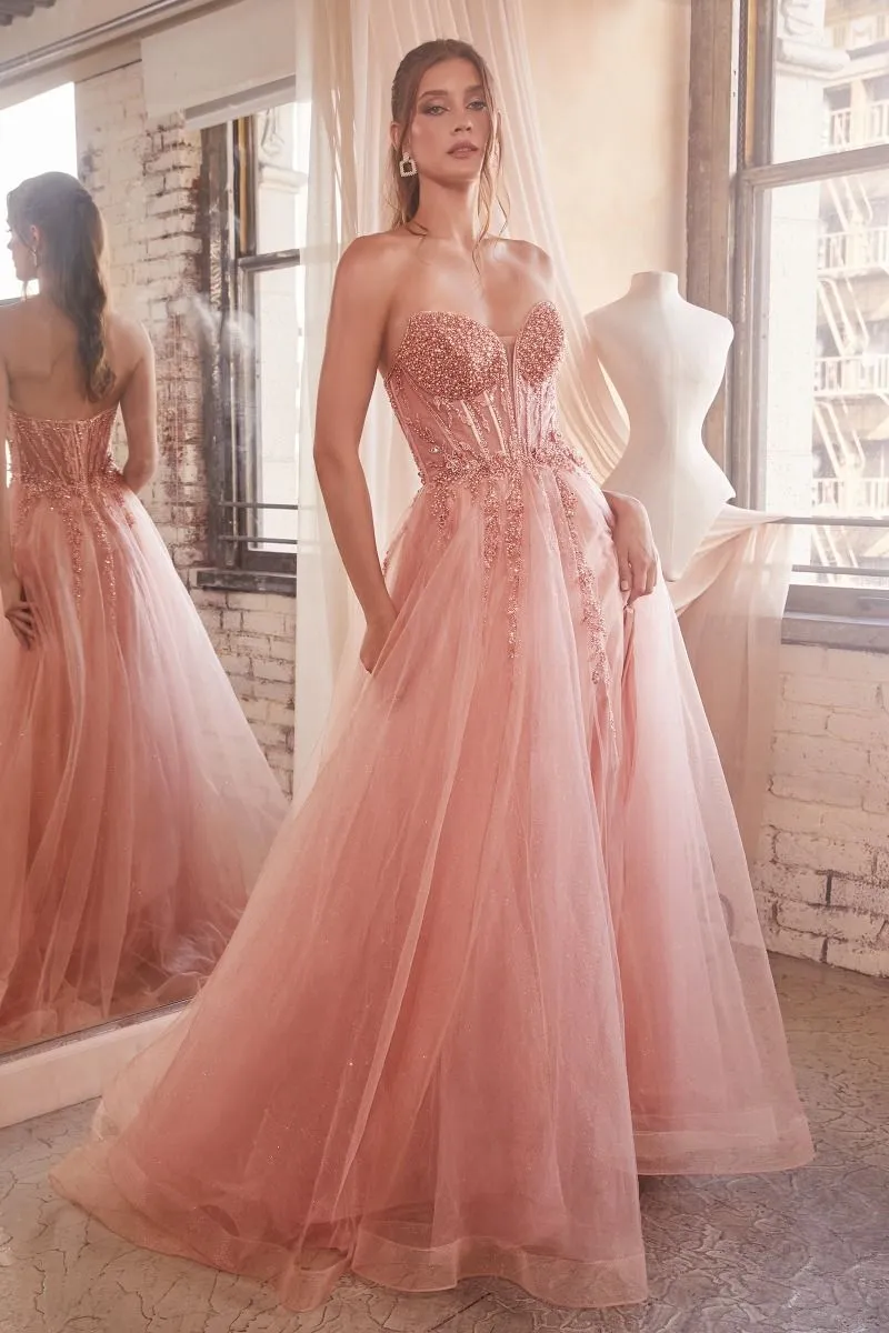 CD CD0230 - Strapless Layered Tulle A-Line Prom Gown with Sheer Corset Bodice & High Leg Slit
