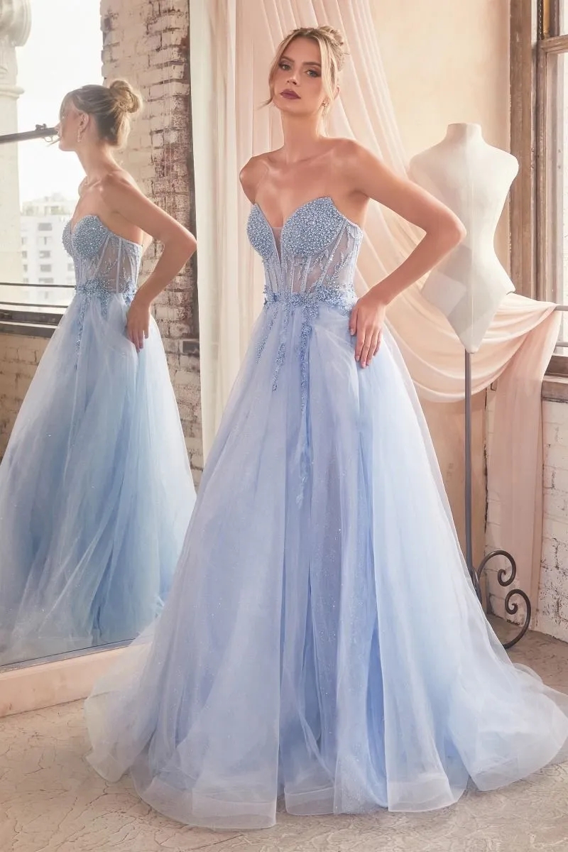 CD CD0230 - Strapless Layered Tulle A-Line Prom Gown with Sheer Corset Bodice & High Leg Slit