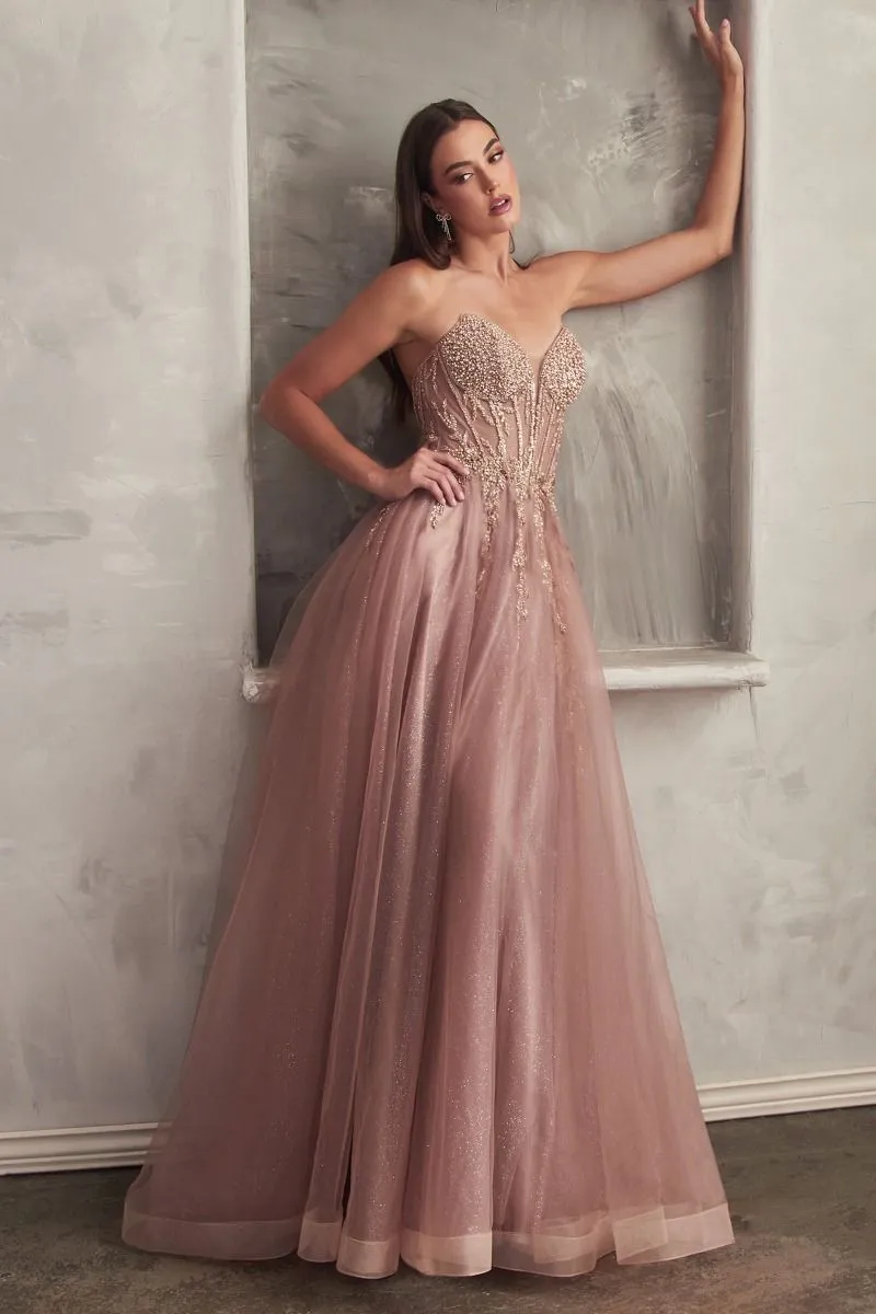 CD CD0230 - Strapless Layered Tulle A-Line Prom Gown with Sheer Corset Bodice & High Leg Slit