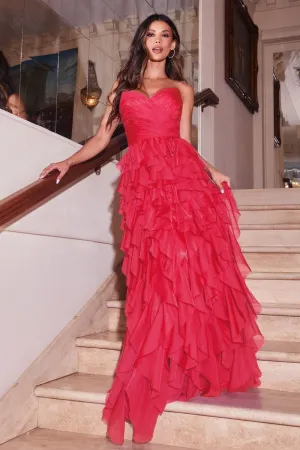 CD CZ0027 - Layered Chiffon Ruffled A-Line Prom Gown with Gathered Bodice & Sweetheart Neck