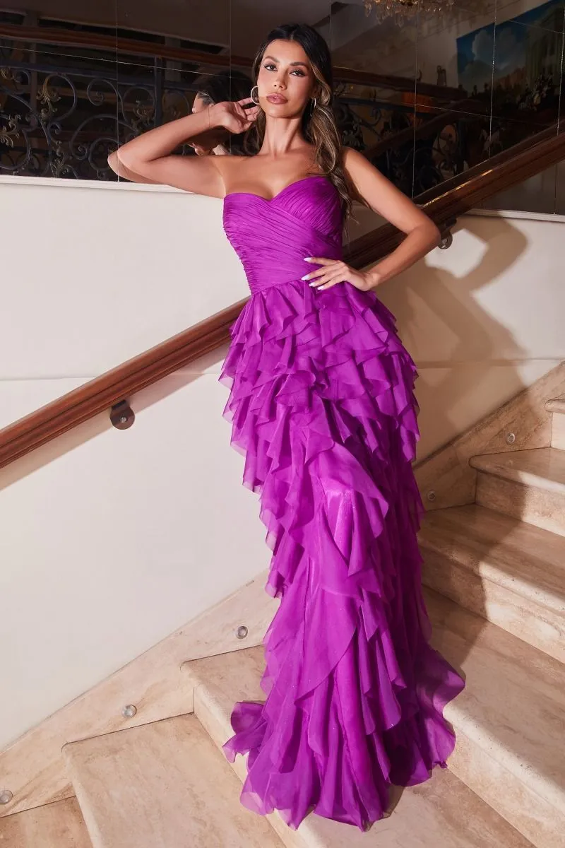CD CZ0027 - Layered Chiffon Ruffled A-Line Prom Gown with Gathered Bodice & Sweetheart Neck