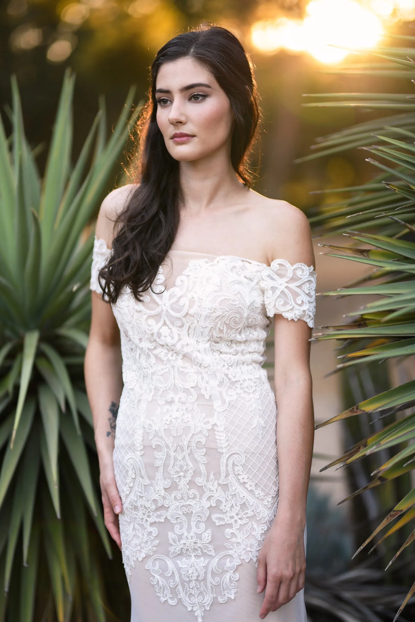 Cecile - Selena Huan beaded off-the-shoulder embroidery Venice lace fit-and-flare gown