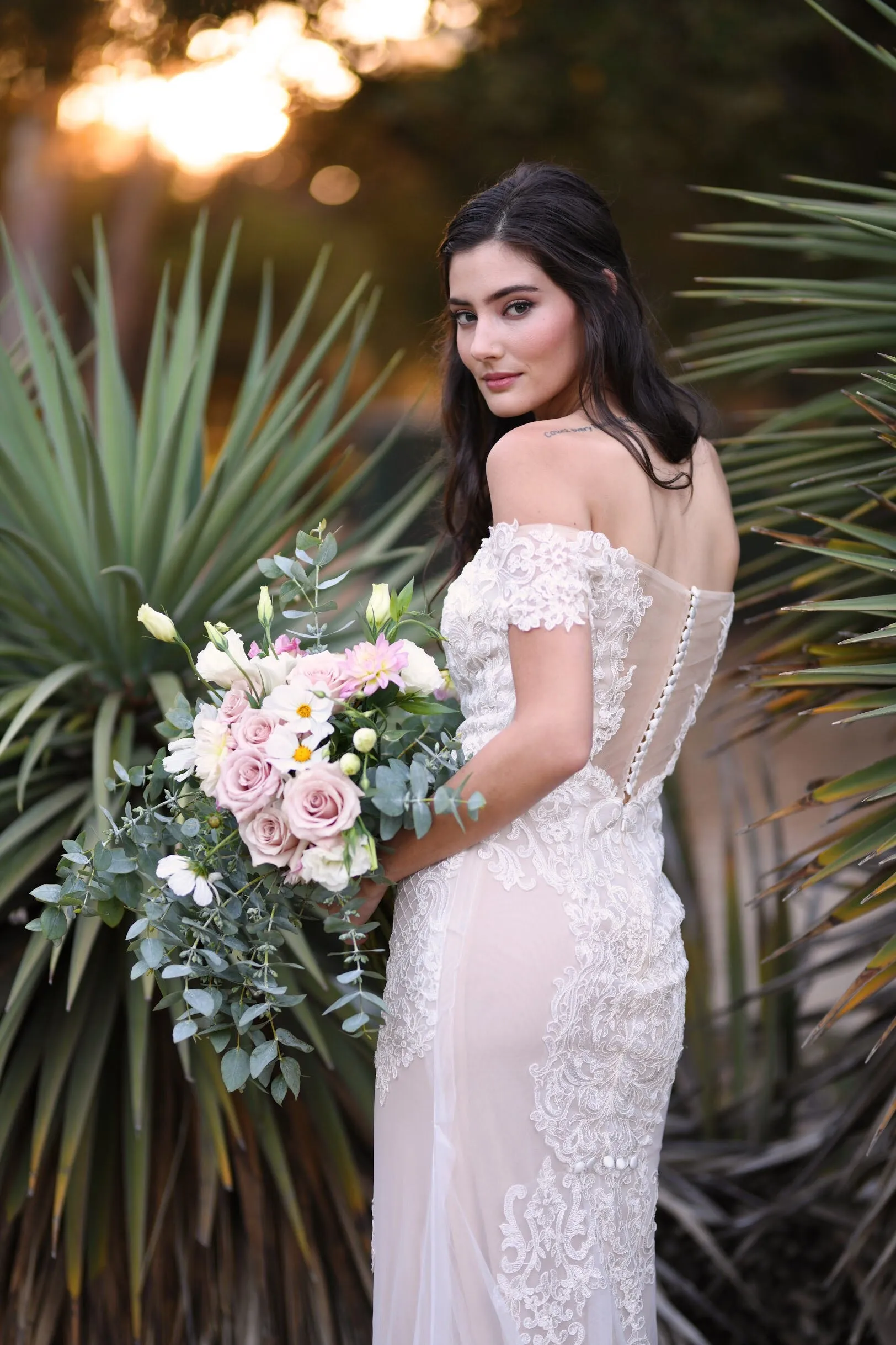 Cecile - Selena Huan beaded off-the-shoulder embroidery Venice lace fit-and-flare gown
