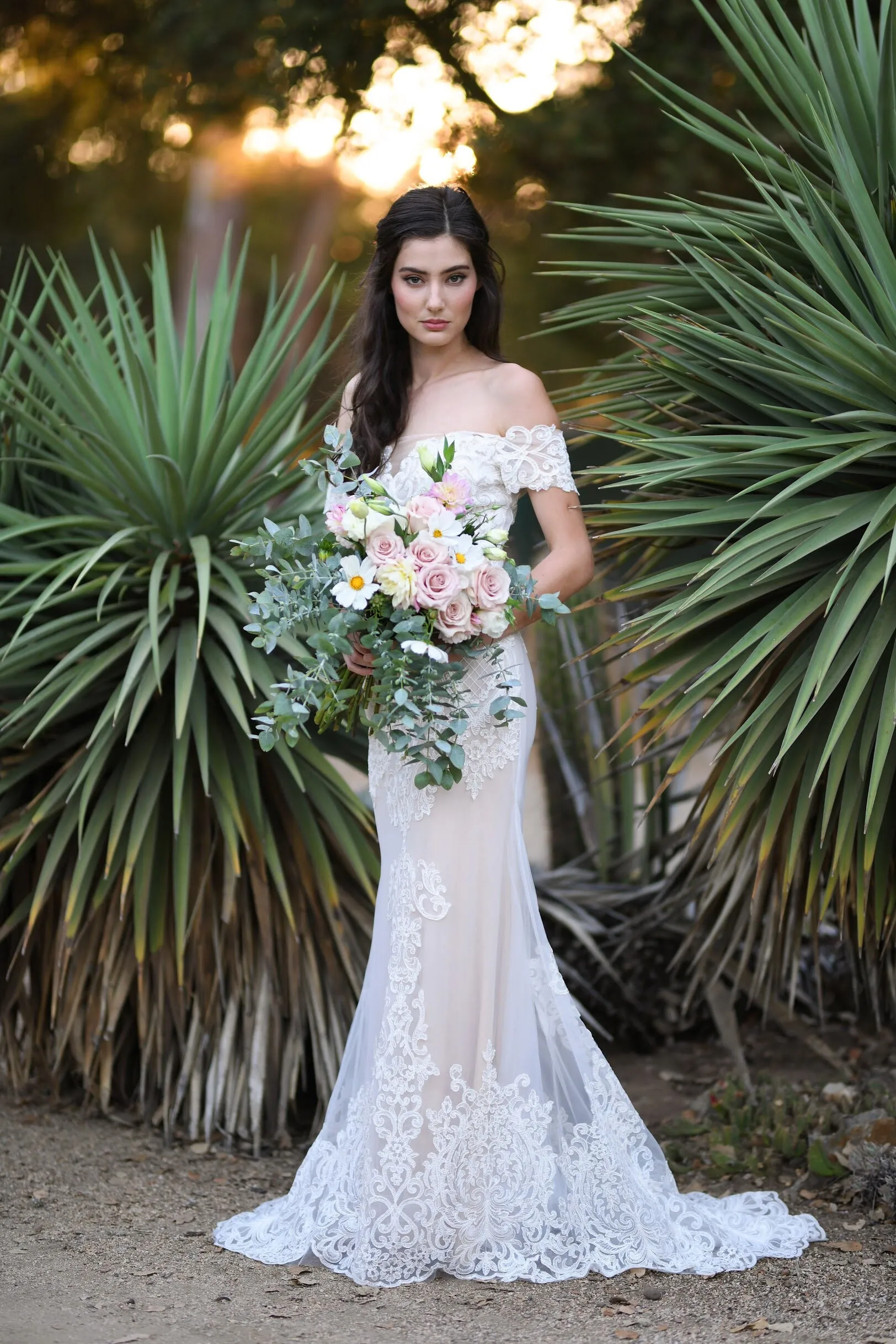 Cecile - Selena Huan beaded off-the-shoulder embroidery Venice lace fit-and-flare gown