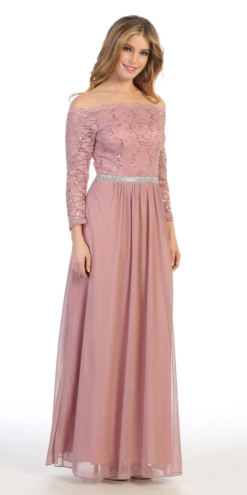 Celavie 6468 Long Sleeved Off-the-Shoulder Long Chiffon Dress