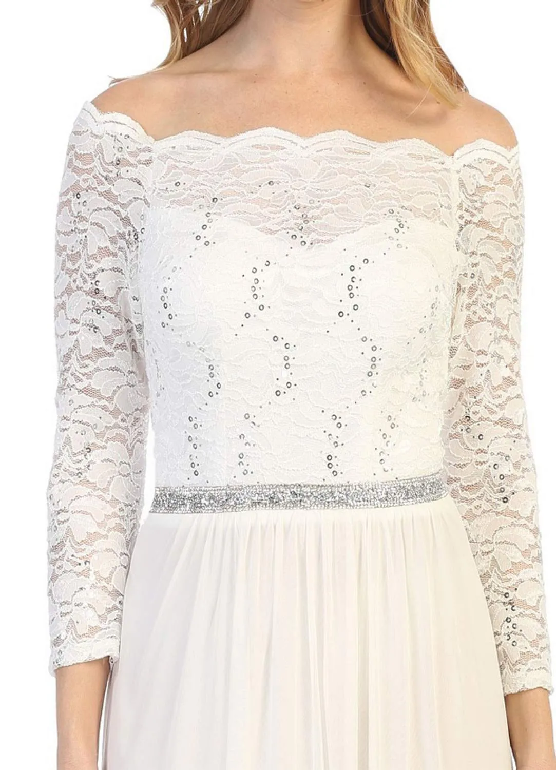 Celavie 6468 Long Sleeved Off-the-Shoulder Long Chiffon Dress