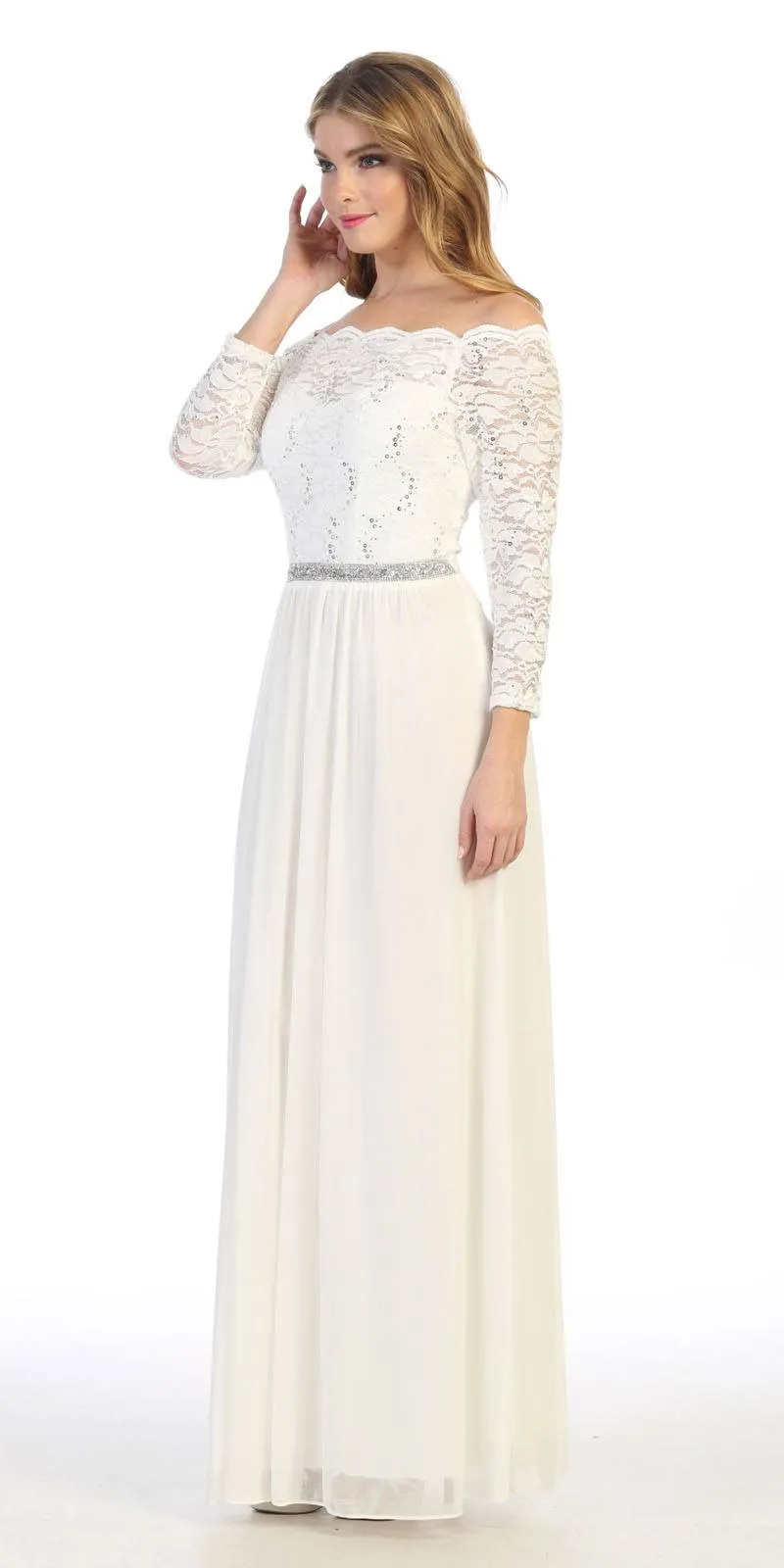Celavie 6468 Long Sleeved Off-the-Shoulder Long Chiffon Dress