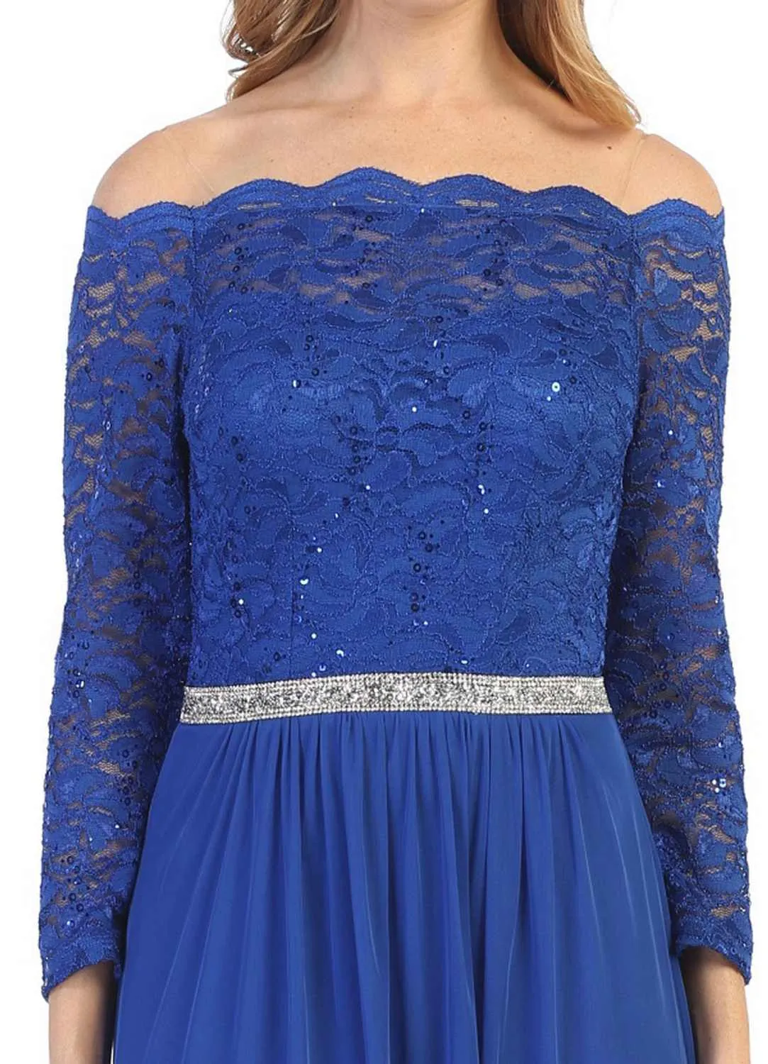 Celavie 6468 Long Sleeved Off-the-Shoulder Long Chiffon Dress