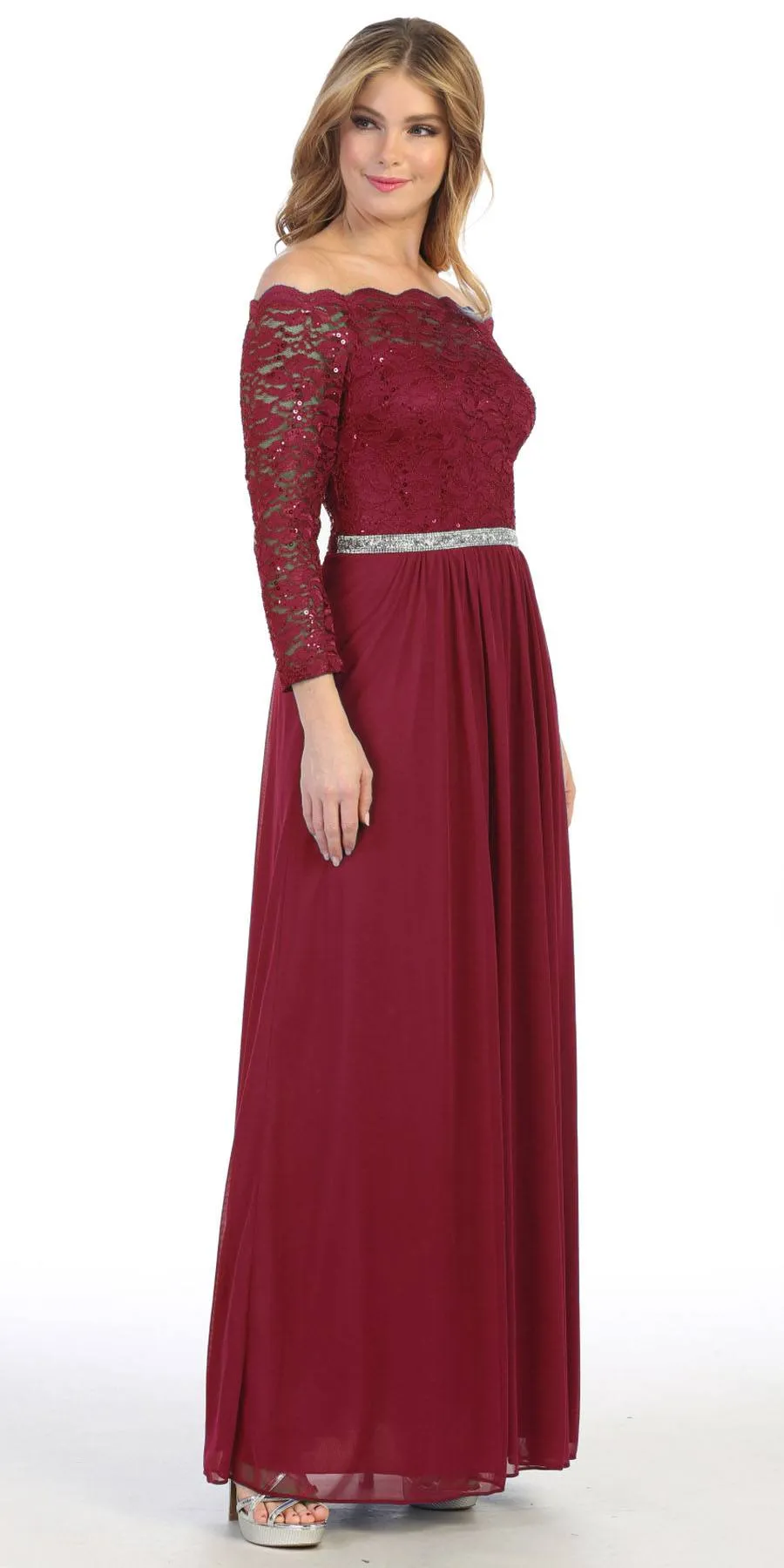 Celavie 6468 Long Sleeved Off-the-Shoulder Long Chiffon Dress