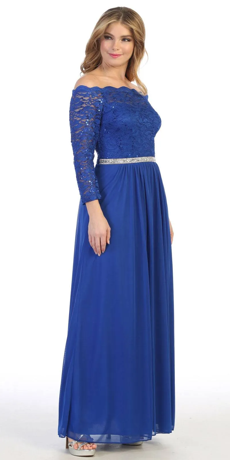 Celavie 6468 Long Sleeved Off-the-Shoulder Long Chiffon Dress