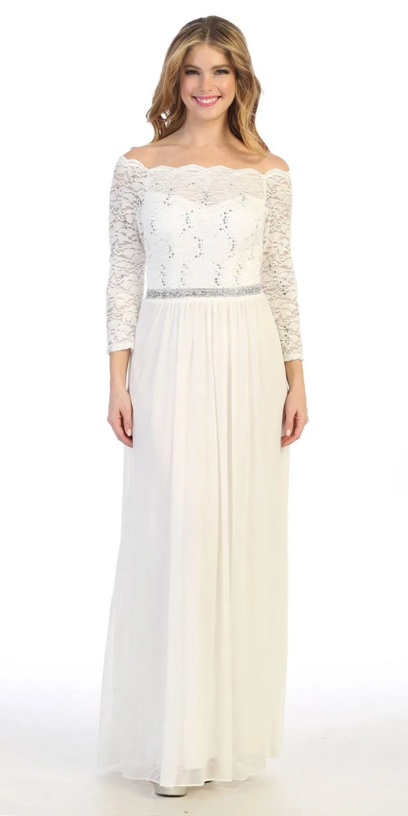 Celavie 6468 Long Sleeved Off-the-Shoulder Long Chiffon Dress