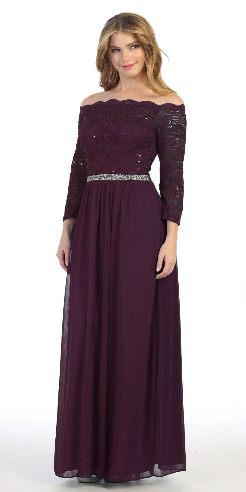 Celavie 6468 Long Sleeved Off-the-Shoulder Long Chiffon Dress