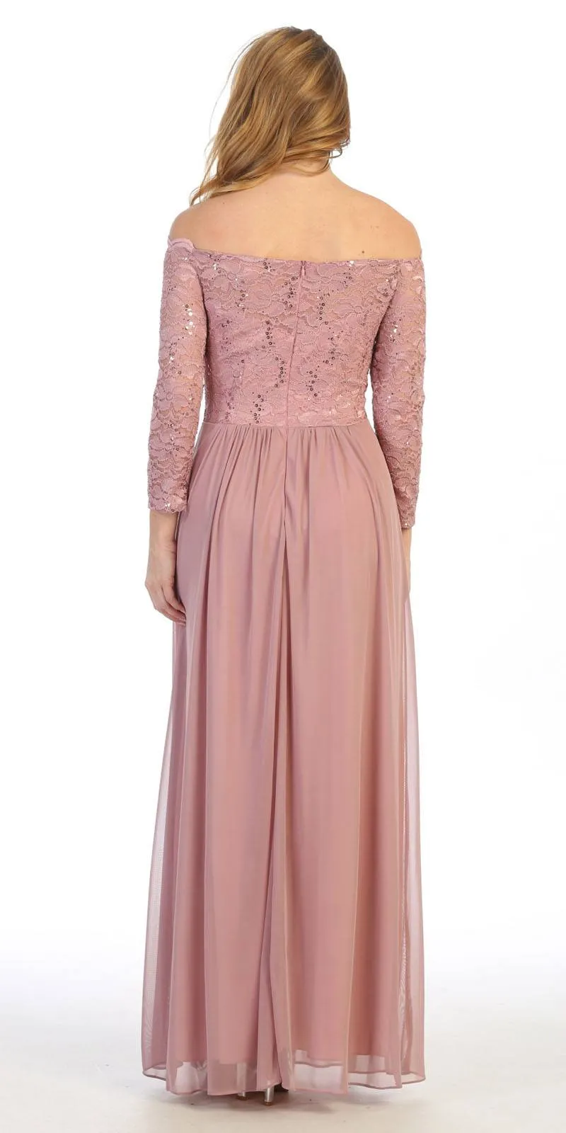 Celavie 6468 Long Sleeved Off-the-Shoulder Long Chiffon Dress