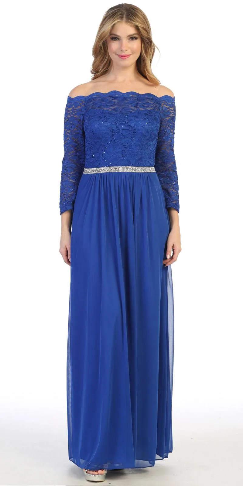 Celavie 6468 Long Sleeved Off-the-Shoulder Long Chiffon Dress