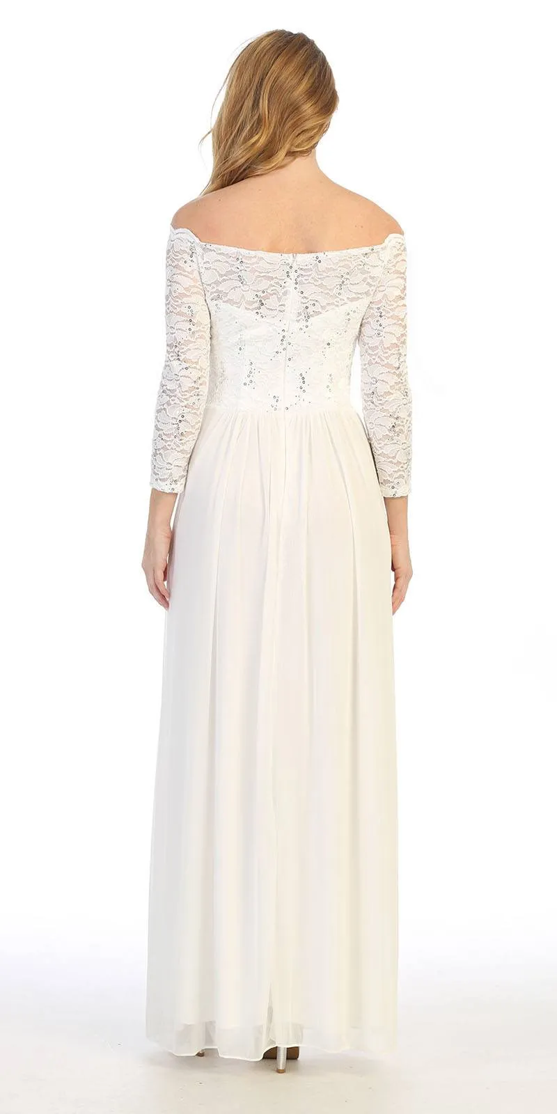 Celavie 6468 Long Sleeved Off-the-Shoulder Long Chiffon Dress