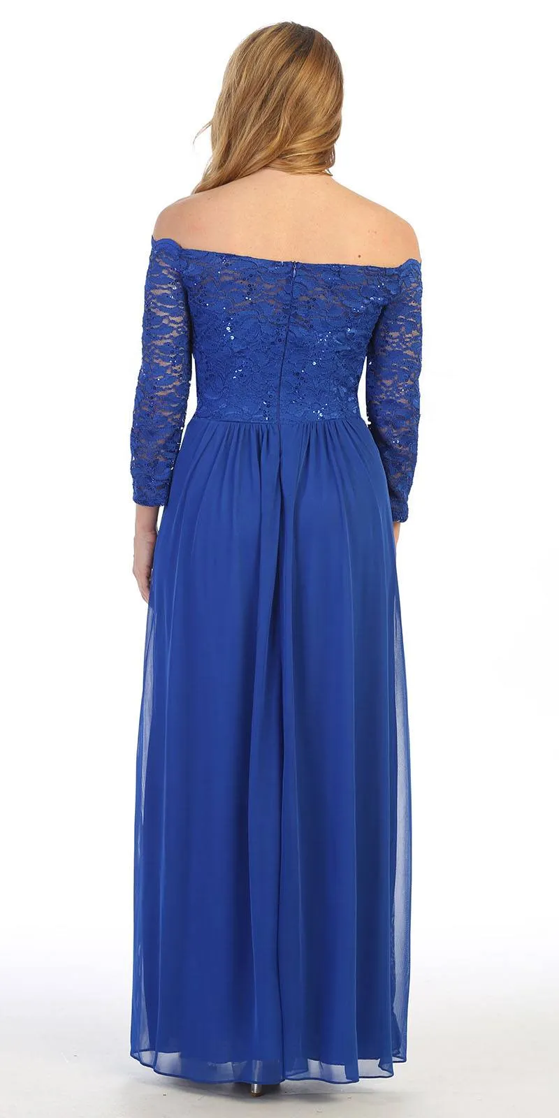 Celavie 6468 Long Sleeved Off-the-Shoulder Long Chiffon Dress