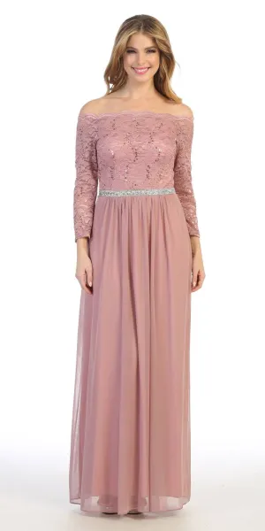 Celavie 6468 Long Sleeved Off-the-Shoulder Long Chiffon Dress